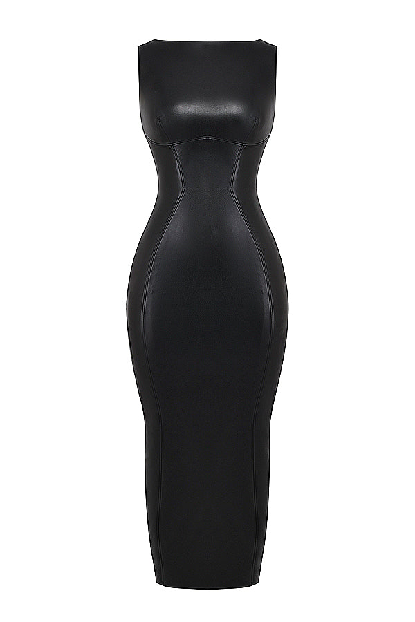 Zwarte vegan leren maxi jurk