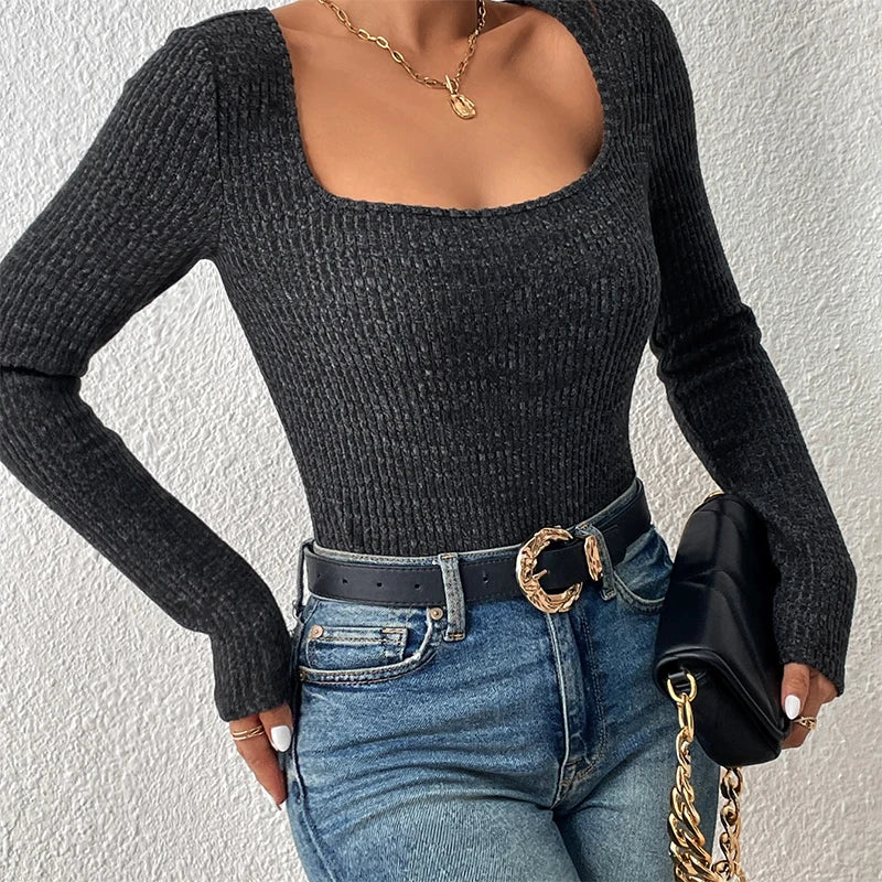 Square Neck Slim-Fit Knit Top