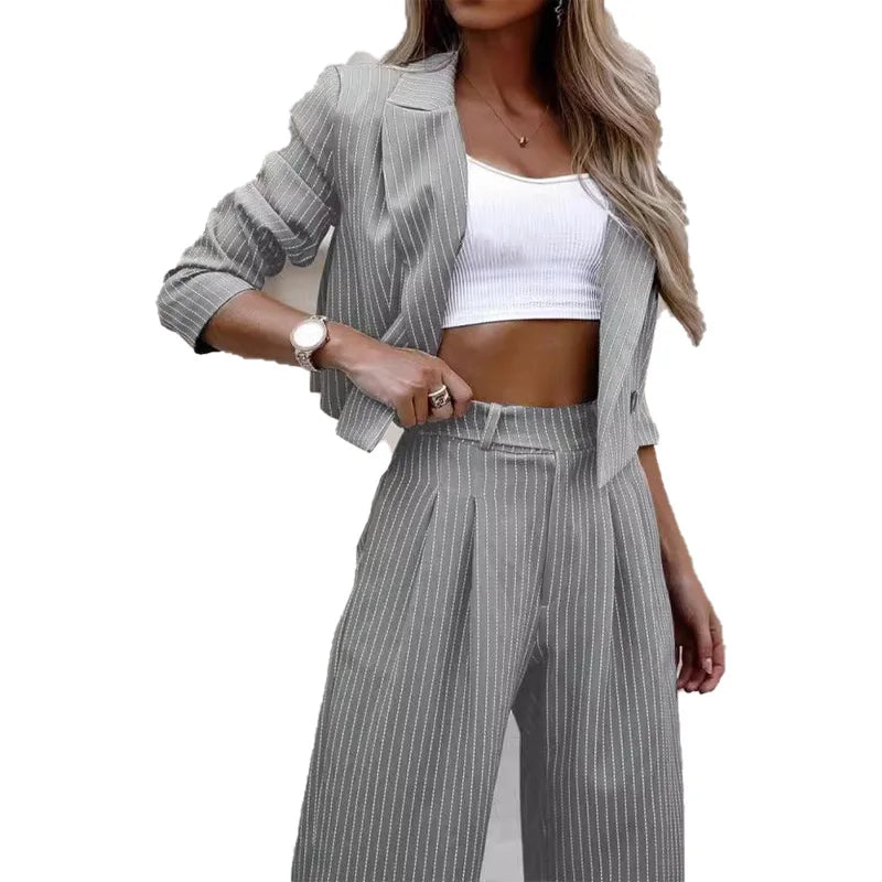 Casual Striped Blazer & Straight Pants Set