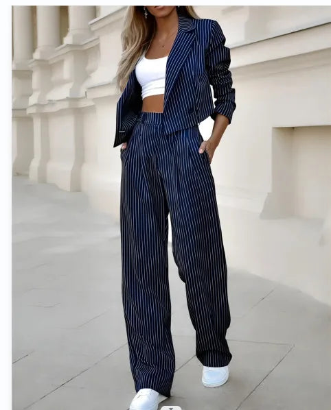 Casual Striped Blazer & Straight Pants Set