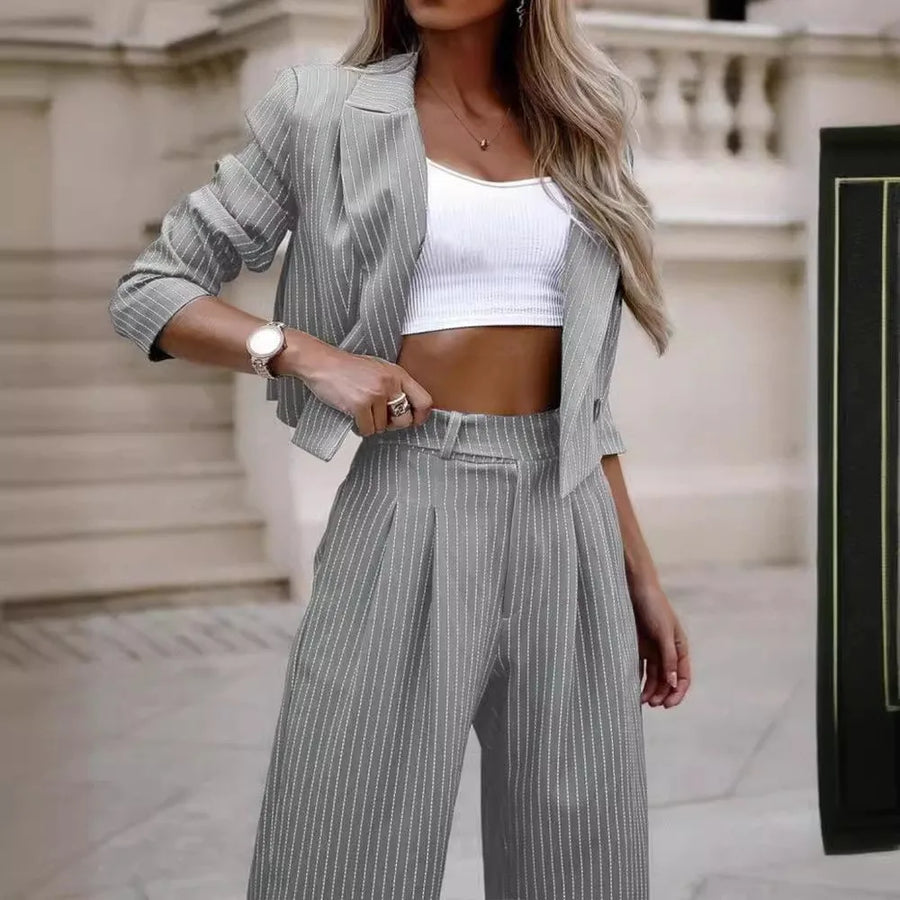 Casual Striped Blazer & Straight Pants Set