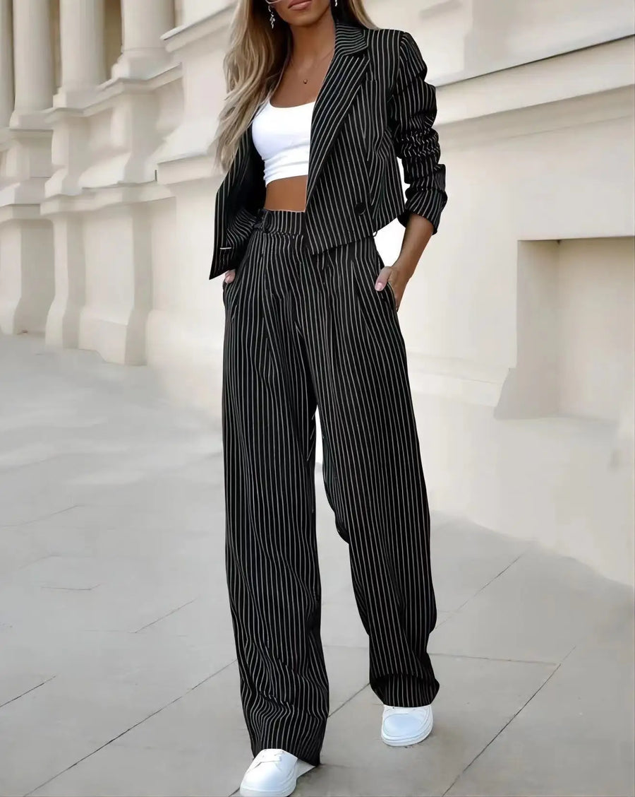Casual Striped Blazer & Straight Pants Set