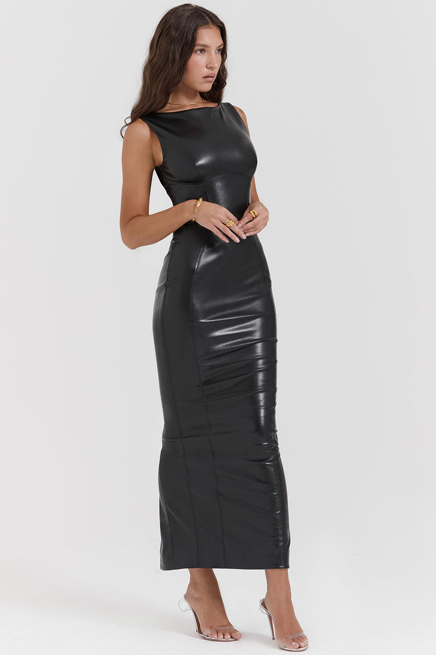 Zwarte vegan leren maxi jurk