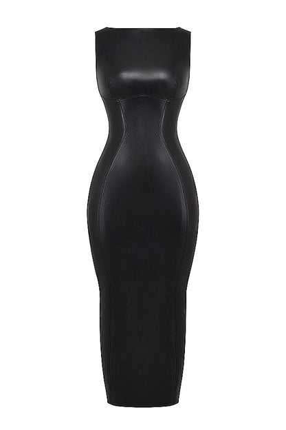 Zwarte vegan leren maxi jurk