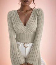 V-neck Slim Striped Knit Top