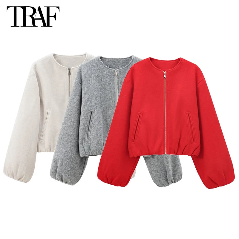 TRAF Red Zipper Bomber Jacket