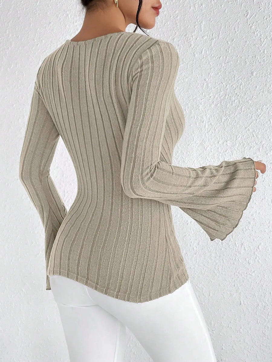 V-neck Slim Striped Knit Top