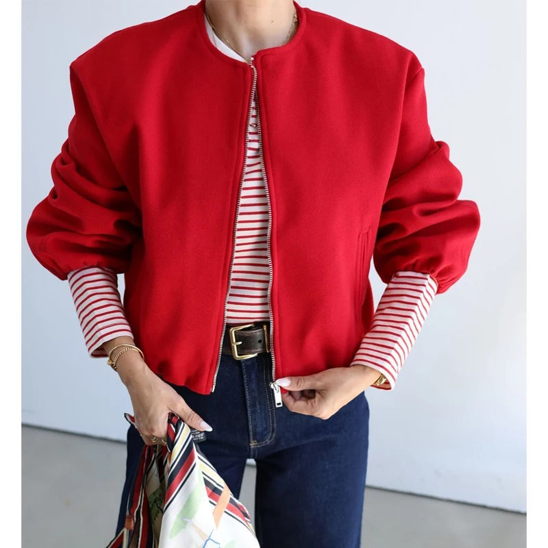 TRAF Red Zipper Bomber Jacket