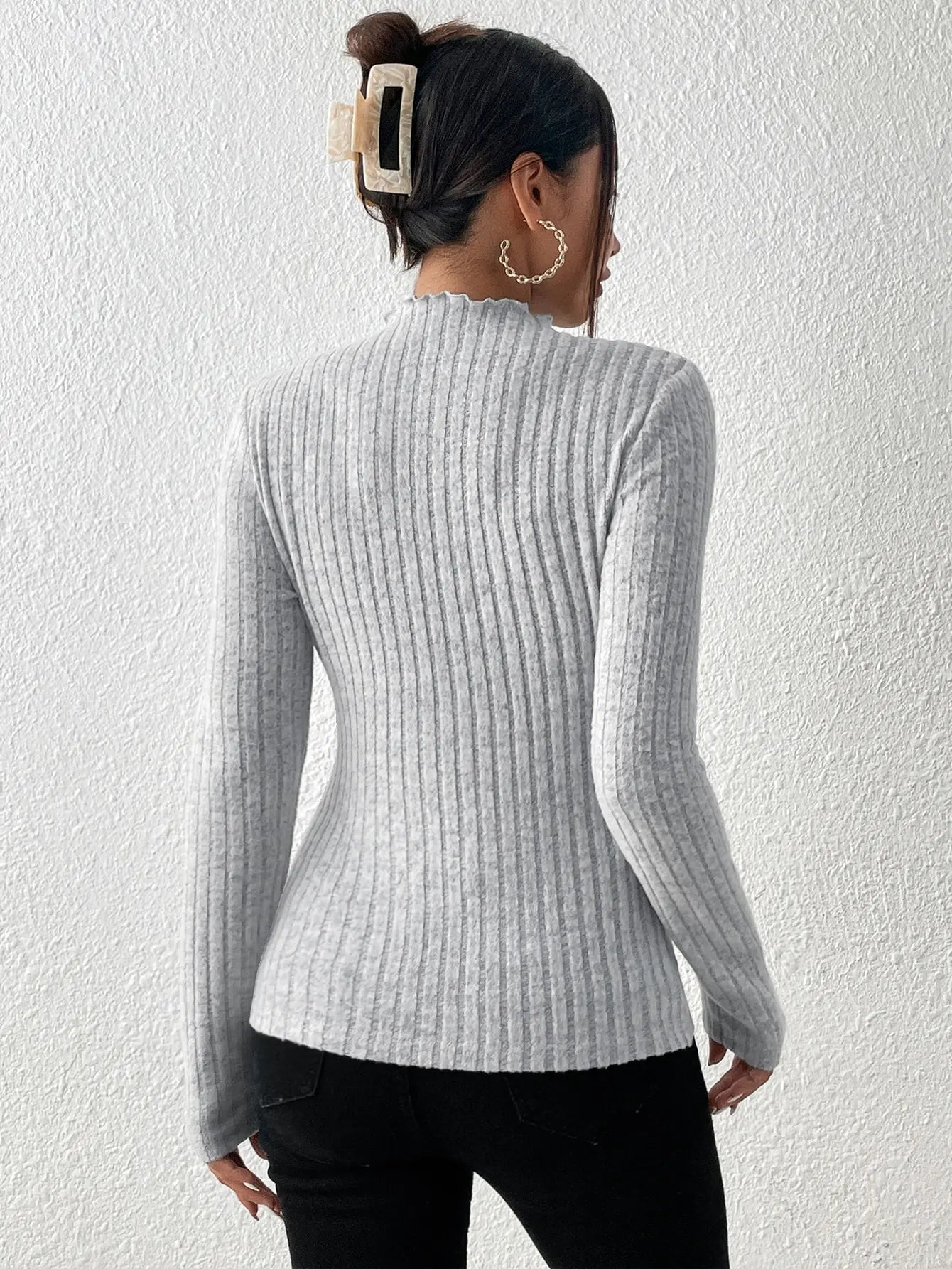 Fashion Slim Ruffle Neck Knit Long Sleeve Top