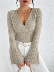 V-neck Slim Striped Knit Top