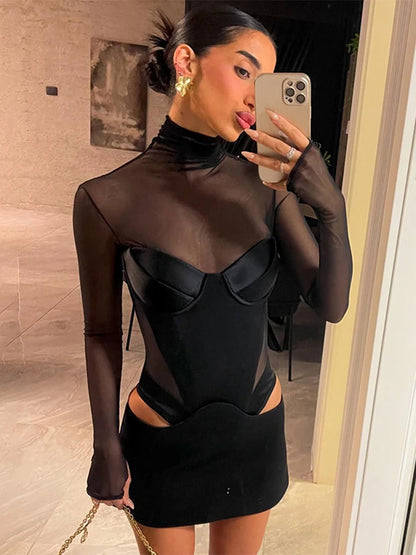 Mesh satin bodycon jurk