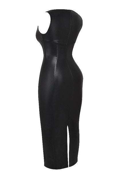 Zwarte vegan leren maxi jurk